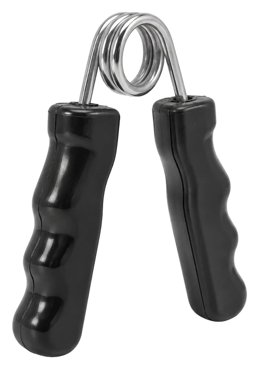 A plain two-handle hand gripper with an exposed metal coil spring