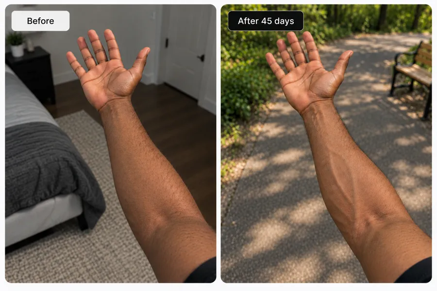 Before and after forearm progression over 45 days, outdoors