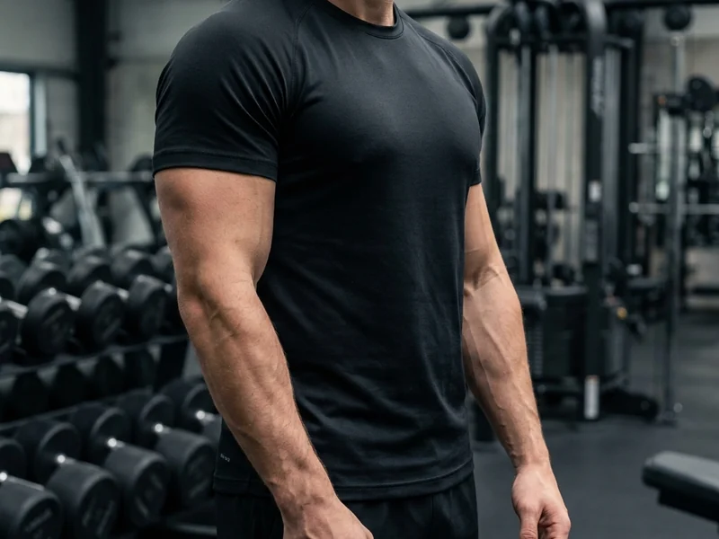 Everyday gym-going man in a fitted T-shirt with naturally developed arms and forearms