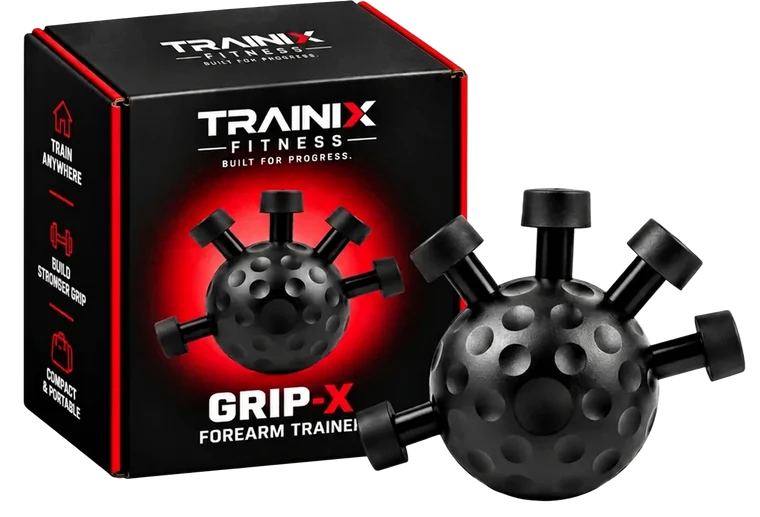 The matte black GRIP-X forearm trainer standing in front of its TRAINIX FITNESS box