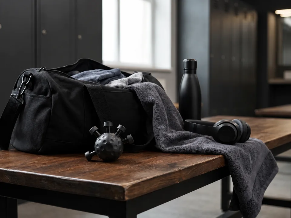 Black gym bag, towel, water bottle and headphones on a wooden bench in a locker room